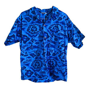 Vintage Hawaiian Blue Fish Nautical Short Sleeve Shirt Made in Hawaii SZ L